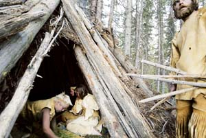 Primitive camping with buckskins and wickiup.