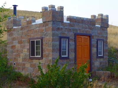 Cinderblock castle guesthouse.