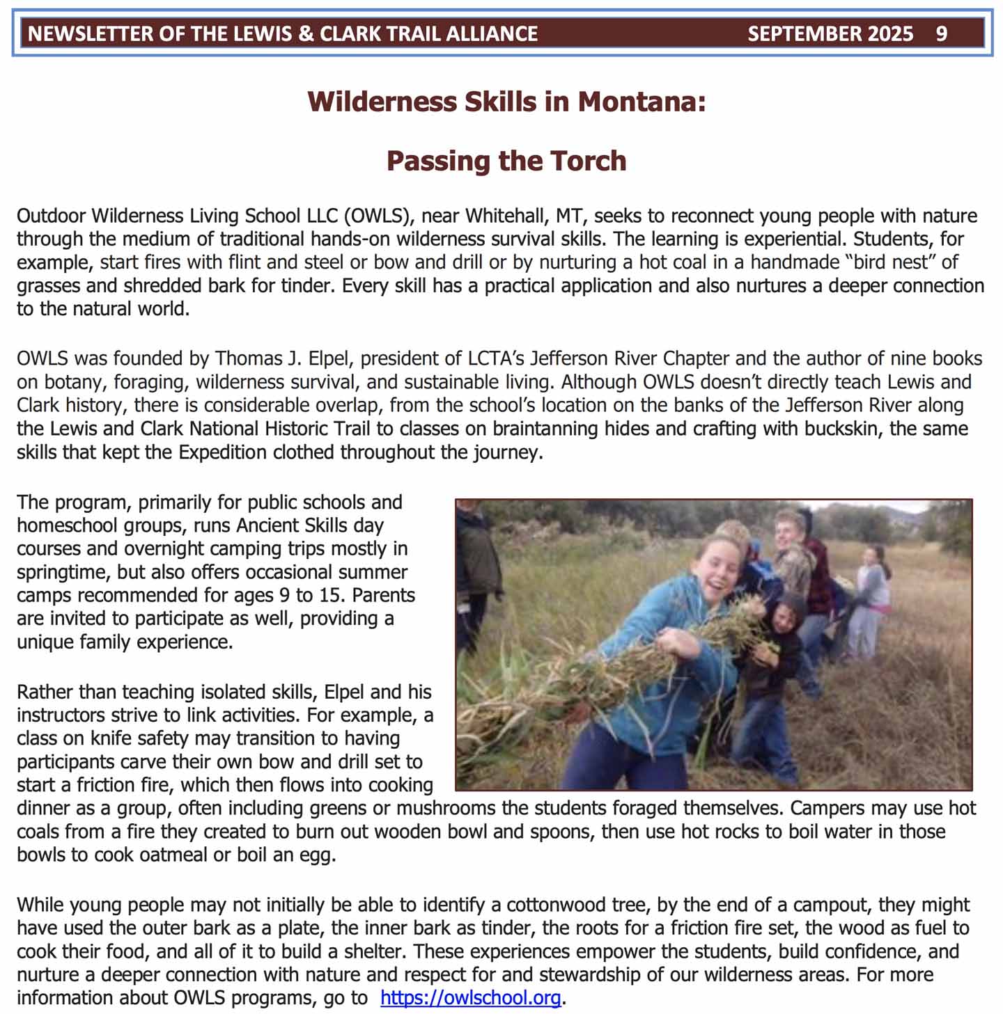 Article about Outdoor Wilderness Living School LLC (OWLS) in the Lewis and Clark Trail Alliance Newsletter.